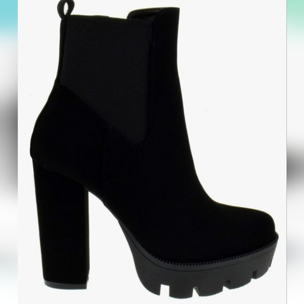 X2B Latvia 3 Chunky Heel Lug Sole Zip Black Faux Suede Boot 7.5